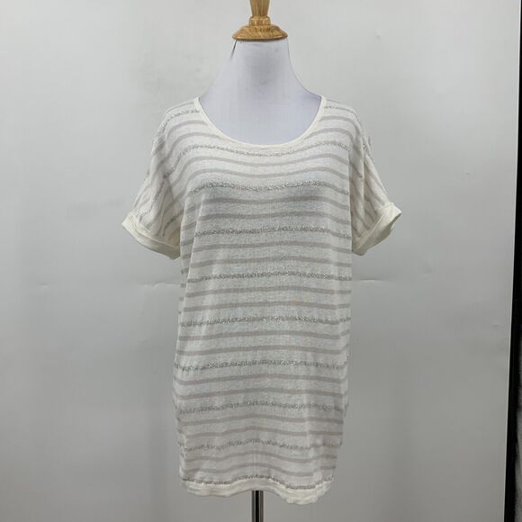Boden Stripe Shirt Womens 10 Cuffed Short Sleeve Linen Cotton Blend Round Neck - Picture 2 of 10